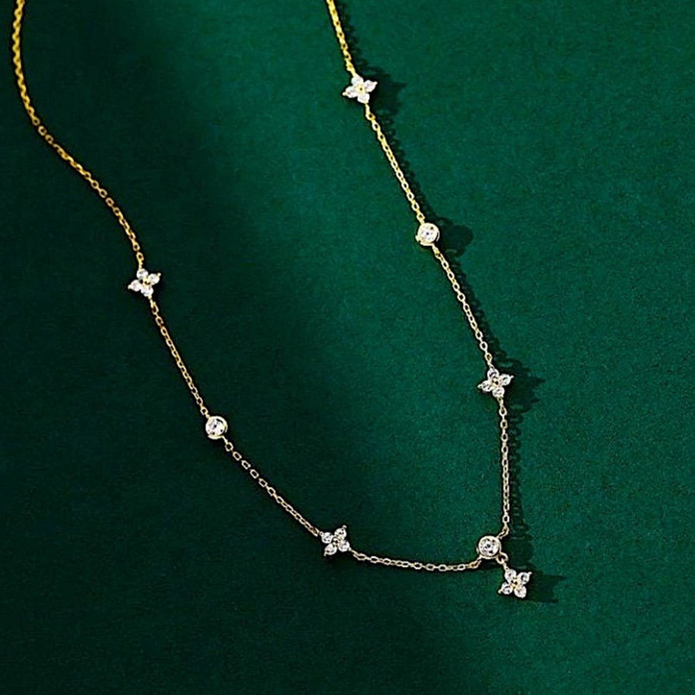 Sterling Silver Four Leaf Clover Zircon Dainty Tiny Delicate Necklace - Picture 3 of 6